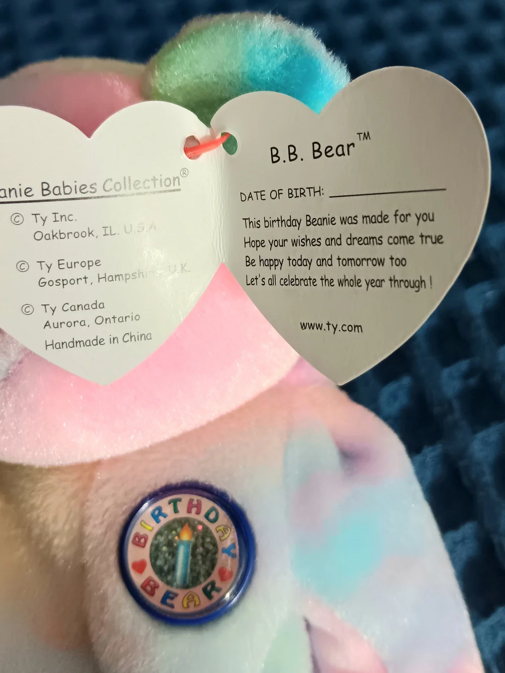 Ty Beanie Baby B.B. Birthday Bear 1999 Retired – Mint Tag + Protector